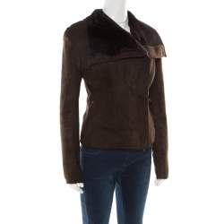 Pre Owned Lanvin Chocolate Brown Lambskin Leather Shearling Lined Biker Jacket M