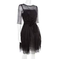 Lanvin Black Silk Organza Raw Edge Detail Sheer Yoke Layered Dress S