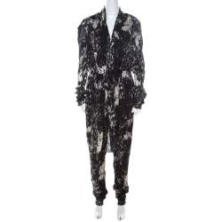 Pre Owned Lanvin Black & White Printed Neck Bow Detail Elastic Waist Jumpsuit L