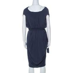 Pre Owned Lanvin Blue-Grey Crepe Gathered Waist Belted Draped Dress M