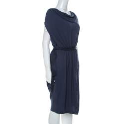 Pre Owned Lanvin Blue-Grey Crepe Gathered Waist Belted Draped Dress M