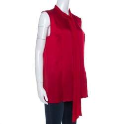 Pre Owned Lanvin Cherry Red Satin Neck Tie Detail Sleeveless Blouse M
