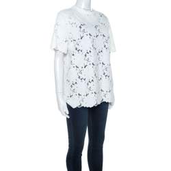 Pre Owned Lanvin White Guipure Lace Short Sleeve Top L