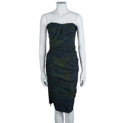 Pre Owned Lanvin Bottle Green Palm Leaf Print Strapless Ruched Midi Dress M