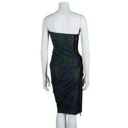 Pre Owned Lanvin Bottle Green Palm Leaf Print Strapless Ruched Midi Dress M