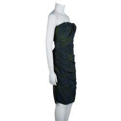 Pre Owned Lanvin Bottle Green Palm Leaf Print Strapless Ruched Midi Dress M