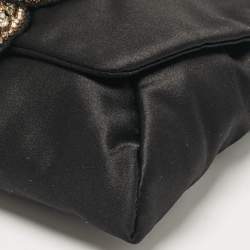 Lanvin Black Satin Floral Crystals Applique Chain Clutch