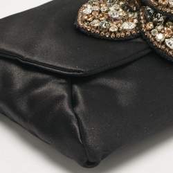 Lanvin Black Satin Floral Crystals Applique Chain Clutch