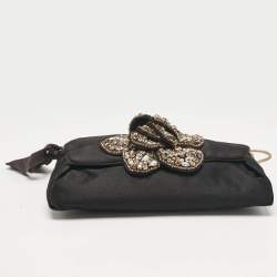 Lanvin Black Satin Floral Crystals Applique Chain Clutch