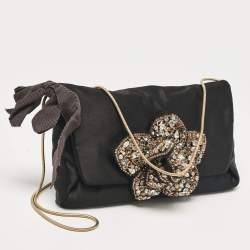 Lanvin Black Satin Floral Crystals Applique Chain Clutch