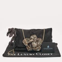Lanvin Black Satin Floral Crystals Applique Chain Clutch