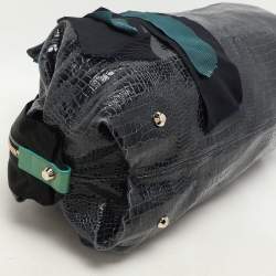 Lanvin Blue/Black Croc Embossed Leather and Satin Top Zip Satchel