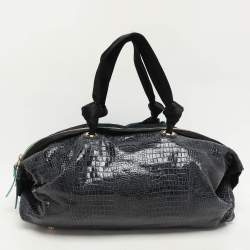Lanvin Blue/Black Croc Embossed Leather and Satin Top Zip Satchel