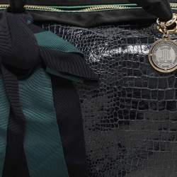 Lanvin Blue/Black Croc Embossed Leather and Satin Top Zip Satchel