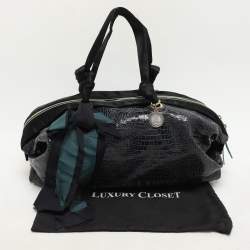 Lanvin Blue/Black Croc Embossed Leather and Satin Top Zip Satchel