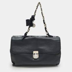 Lanvin Navy Blue Croc Embossed and Leather Flap Shoulder Bag