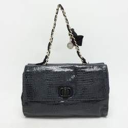Lanvin Navy Blue Croc Embossed and Leather Flap Shoulder Bag