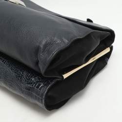 Lanvin Navy Blue Croc Embossed and Leather Flap Shoulder Bag