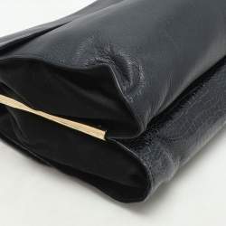 Lanvin Navy Blue Croc Embossed and Leather Flap Shoulder Bag