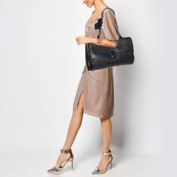 Lanvin Navy Blue Croc Embossed and Leather Flap Shoulder Bag