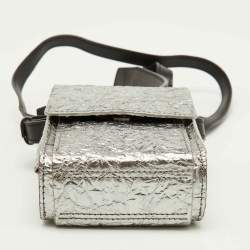 Pre Owned Lanvin Silver Foil Leather Crackled Mini Crossbody Bag