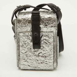 Pre Owned Lanvin Silver Foil Leather Crackled Mini Crossbody Bag