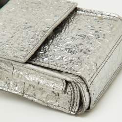 Pre Owned Lanvin Silver Foil Leather Crackled Mini Crossbody Bag
