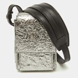 Pre Owned Lanvin Silver Foil Leather Crackled Mini Crossbody Bag