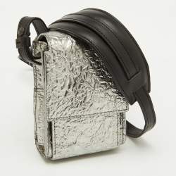 Pre Owned Lanvin Silver Foil Leather Crackled Mini Crossbody Bag