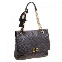 Pre Owned Lanvin Metallic Grey Quilted Ceramic Effect Leather Happy Shoulder Bag