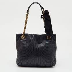 Pre Owned Lanvin Navy Blue Python Happy Flap Shoulder Bag