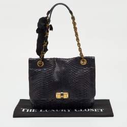 Pre Owned Lanvin Navy Blue Python Happy Flap Shoulder Bag