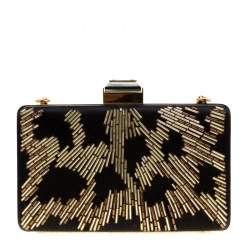 Pre Owned Lanvin Black/Gold Embellished Satin Chain Clutch