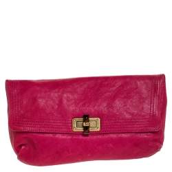 Pre Owned Lanvin Pink Leather Turnlock Fold Over Clutch