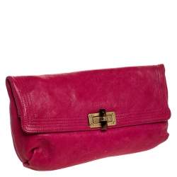 Pre Owned Lanvin Pink Leather Turnlock Fold Over Clutch