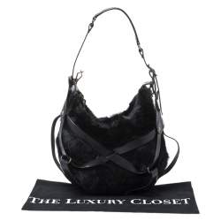 Pre Owned Lanvin Black Fox Fur and Leather Strappy Hobo
