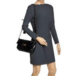 Pre Owned Lanvin Black Snakeskin Effect Patent Leather Happy Flap Shoulder Bag