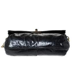 Pre Owned Lanvin Black Snakeskin Effect Patent Leather Happy Flap Shoulder Bag