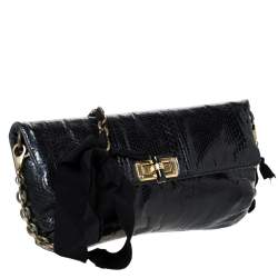 Pre Owned Lanvin Black Snakeskin Effect Patent Leather Happy Flap Shoulder Bag