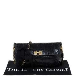 Pre Owned Lanvin Black Snakeskin Effect Patent Leather Happy Flap Shoulder Bag