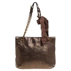 Pre Owned Lanvin Metallic Gold Lizard Embossed Leather Happy Shoulder Bag