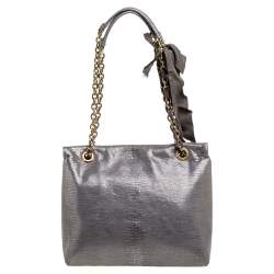 Pre Owned Lanvin Metallic Silver Lizard Embossed Leather Happy Shoulder Bag