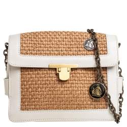 Pre Owned Lanvin White/Beige Raffia and Leather Trim Shoulder Bag