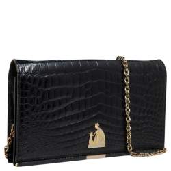 Pre Owned Lanvin Black Croc Embossed Leather Chain Clutch