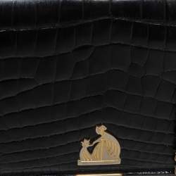 Pre Owned Lanvin Black Croc Embossed Leather Chain Clutch
