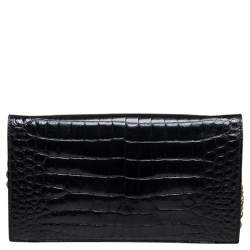 Pre Owned Lanvin Black Croc Embossed Leather Chain Clutch