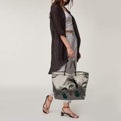 Pre Owned Lanvin Grey/Black Satin and Leather Shopper Tote