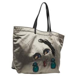 Pre Owned Lanvin Grey/Black Satin and Leather Shopper Tote