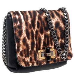 Pre Owned Lanvin Black/Brown Leopard Print Pony Hair and Leather Happy Shoulder Bag