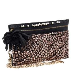 Pre Owned Lanvin Black Satin Crystal Embellished Chain Clutch